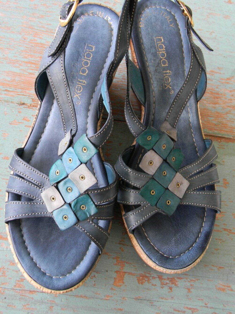NAPA FLEX MADE IN ITALY TEAL LEATHER PATCHWORK WEDGE HEELS SANDALS SZ 38